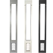 Three dog doors, in silver, white, and black, respectively.