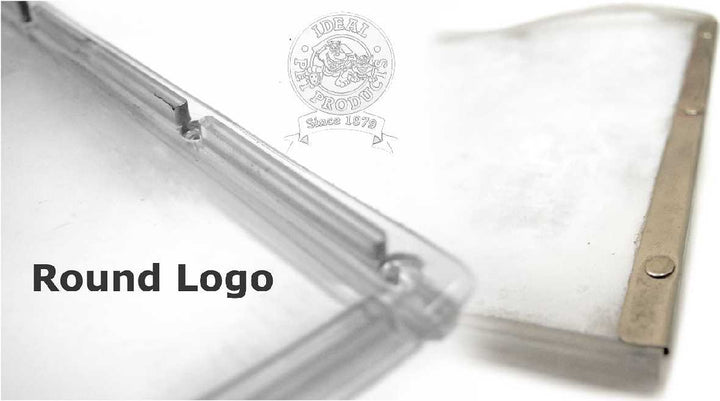 Clear pet door frame with a company logo in the background.