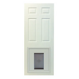 White six-panel door with a small pet door at the bottom.