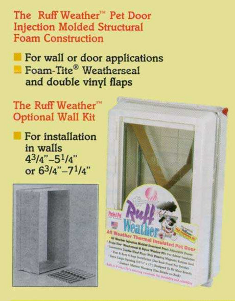 Advertisement for "The Ruff Weather" pet door and optional wall kit.