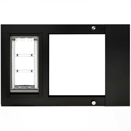 Black-framed pet door with a clear flap