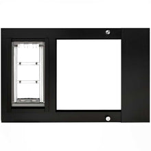 Black-framed pet door with a clear flap.