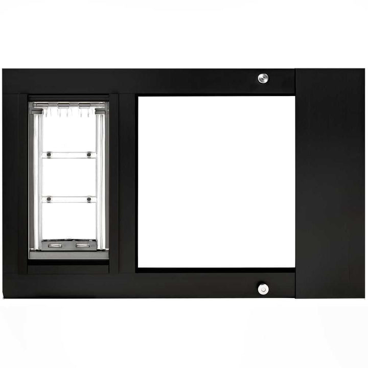 Black-framed pet door with a clear flap.
