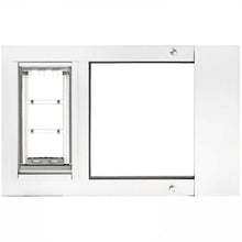 White-framed sliding glass door insert with a pet door.