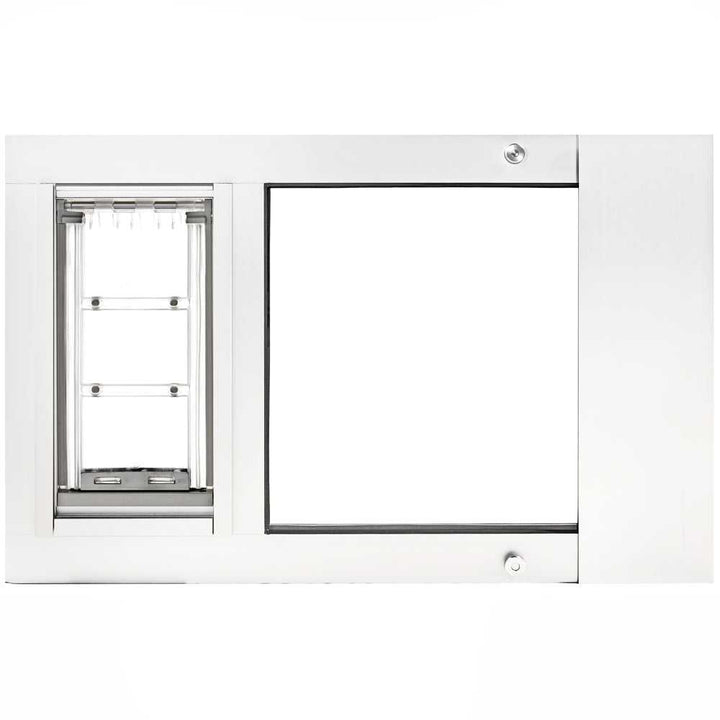 White-framed sliding glass door insert with a pet door.