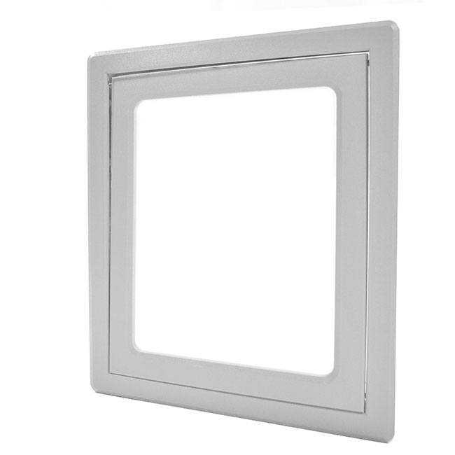 A square, light-gray access panel with a recessed square opening.