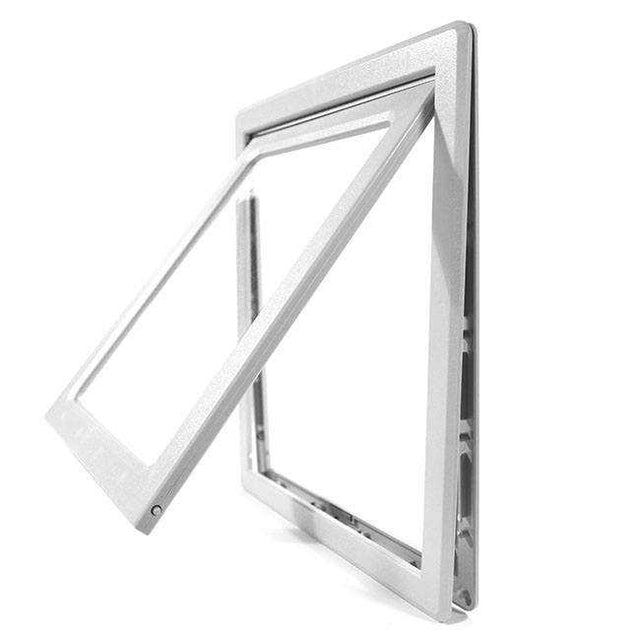 A white metal square frame with an open flap door._Color_White