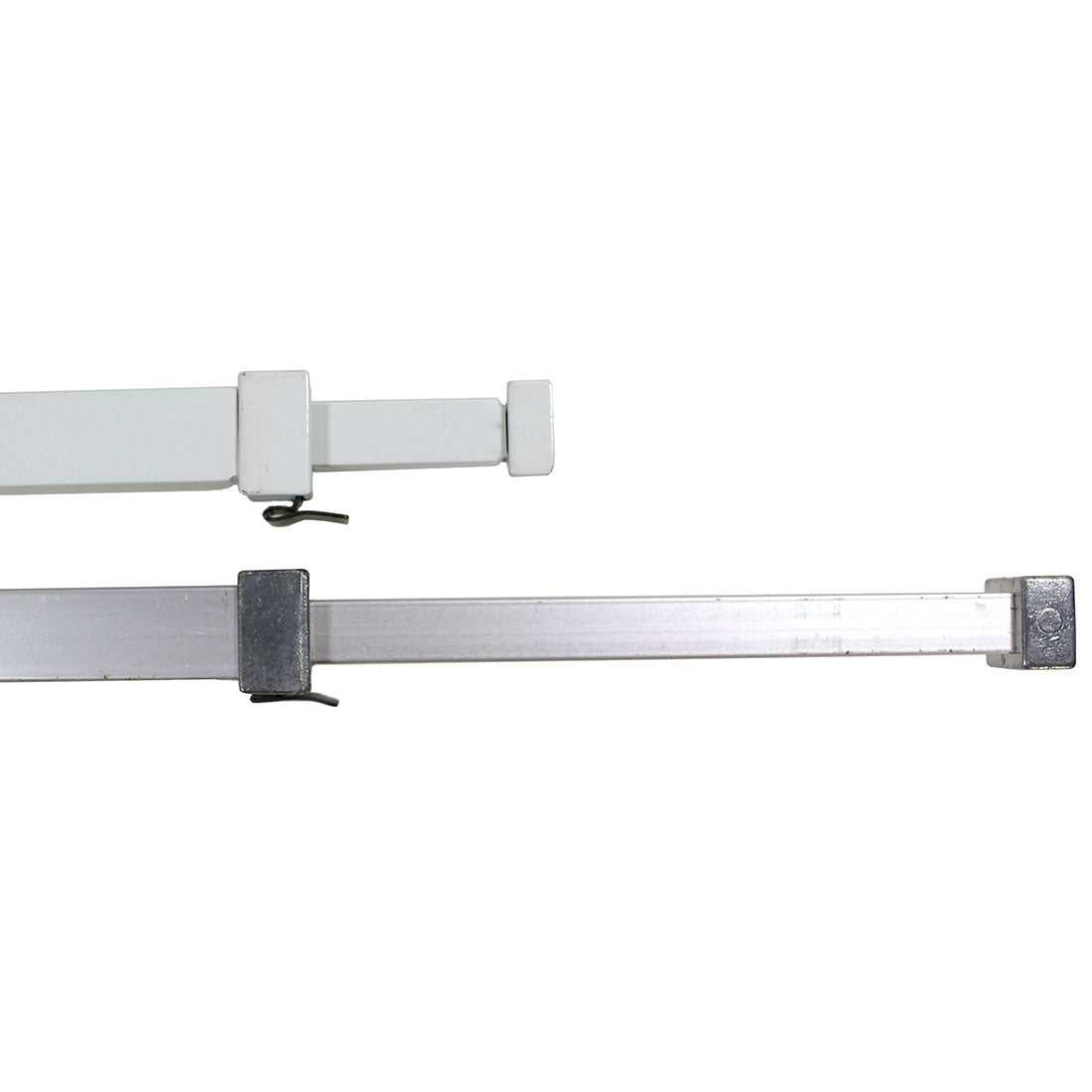Two telescoping metal rods, one white and one silver, are shown against a white background.
