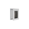 A white, rectangular pet door with a gray flexible flap and frame.