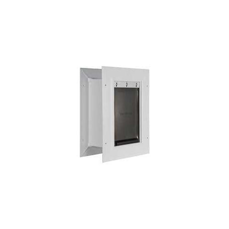 A white, rectangular pet door with a gray flexible flap and frame.