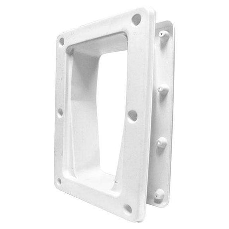 White plastic frame with an opening and mounting holes.