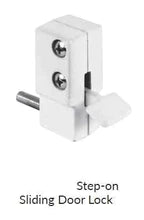 White step-on sliding door lock with screws and a small rod.