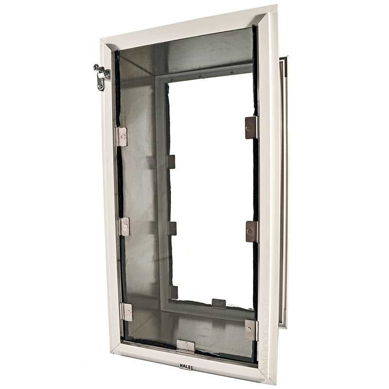 A white Hale Pet Door with a closing panel is shown at an angle against a white background.