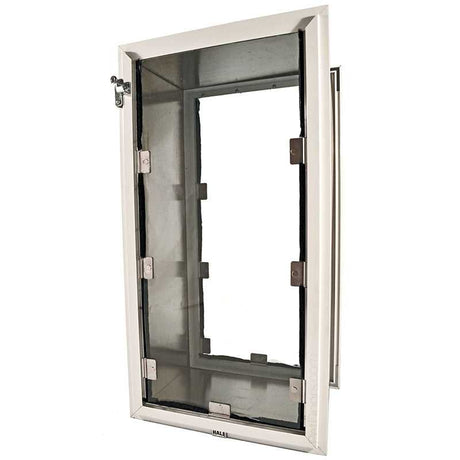A white Hale Pet Door with a closing panel is shown at an angle against a white background.