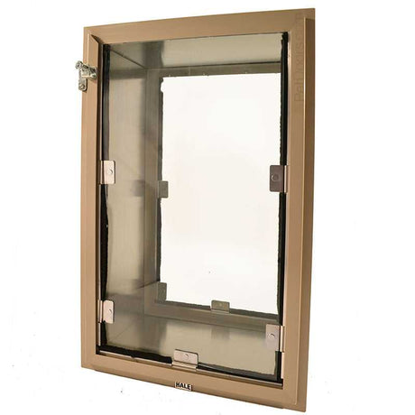 A Hale pet door with a metal frame is shown at an angle.