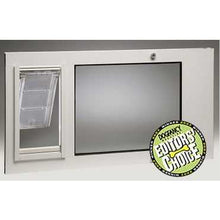 White pet door with two openings, one containing a clear flap and the other blocked with a panel, and a 