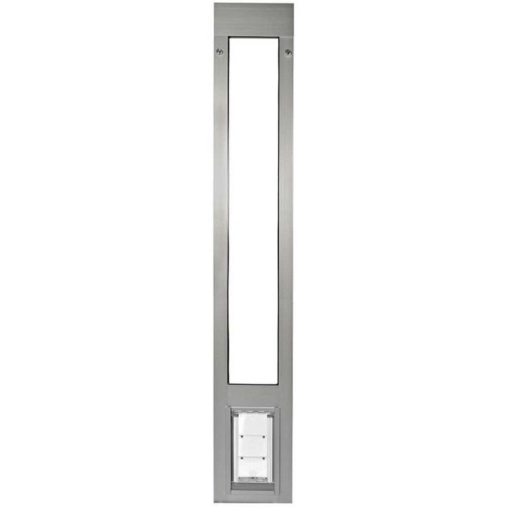 A vertically oriented, stainless steel pet door insert.