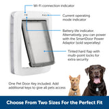 A white smart pet door with indicator lights is shown with a cat and dog, indicating options to choose from two sizes.