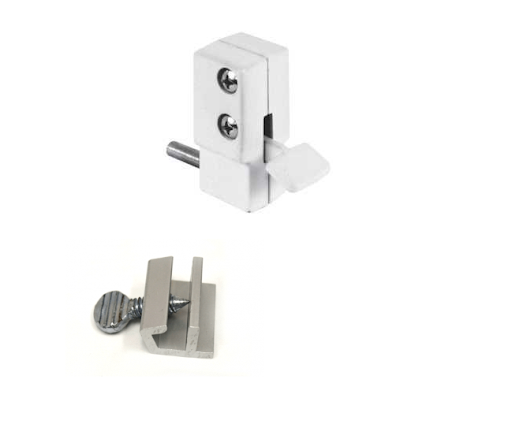 The image shows a white window latch and a metal window track clip.