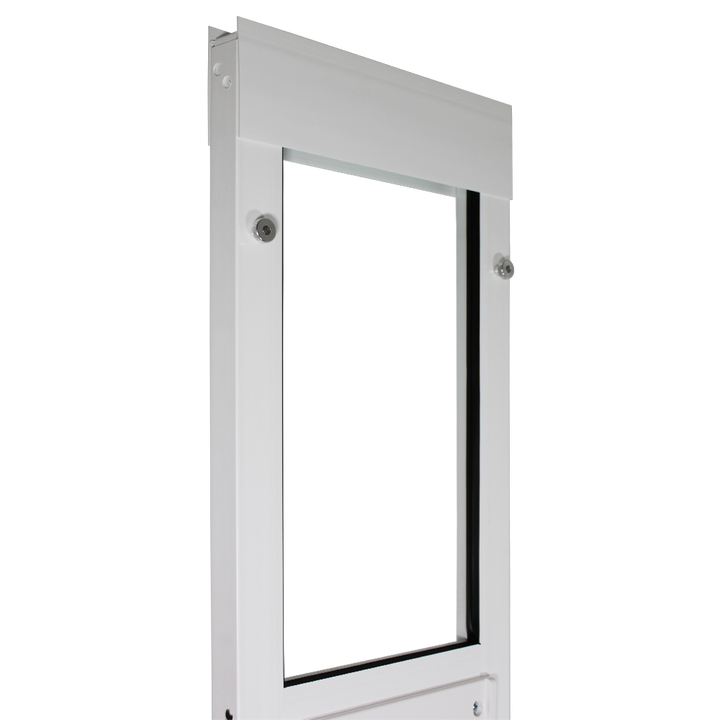 Dragon vinyl window pet door, angled view, close up, white, double flap.