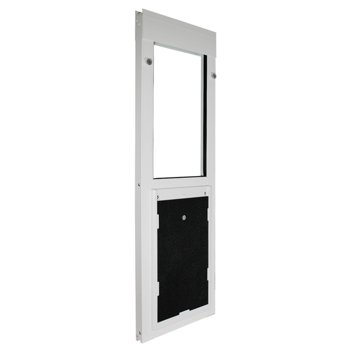  Dragon large single flap vinyl window pet door, black, angled view.