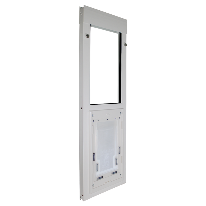  Dragon large single flap vinyl window pet door, white, front view without locking cover.