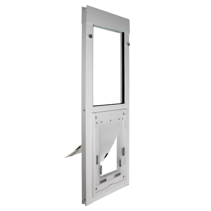 Dragon vinyl window pet door, angled view, back open, double flap.