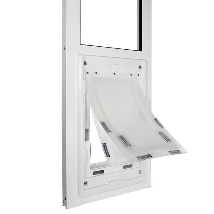  Dragon vinyl window pet door, angled view, front open, close up, white, double flap.