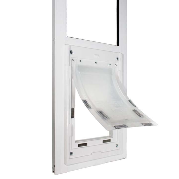  Dragon medium single flap pet door for windows, white, close-up of flap.