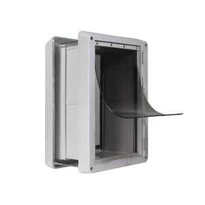 A white pet door with a dark flap partially open.