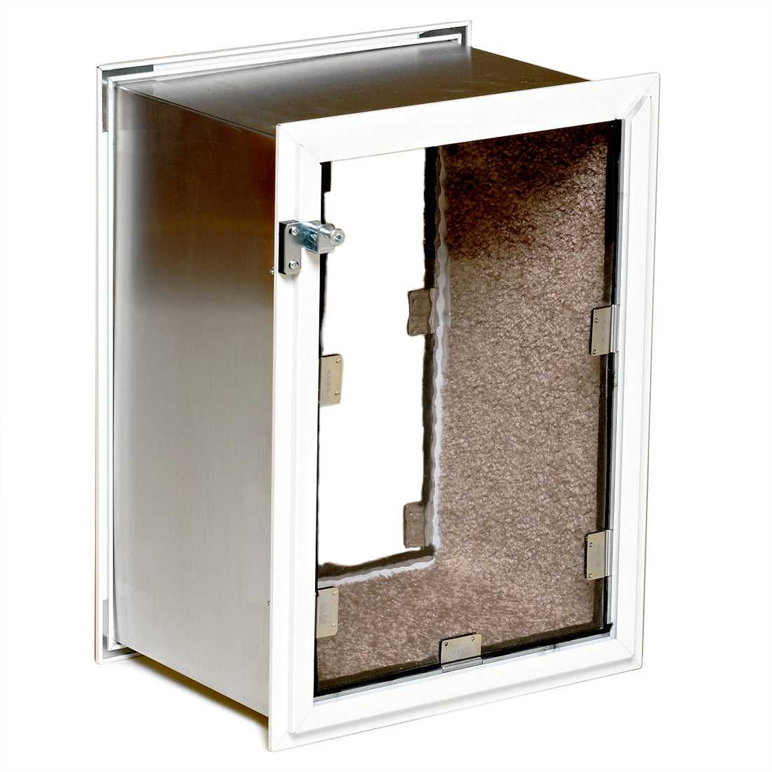 A metal cabinet with an open white frame door revealing insulation.