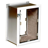 A metal cabinet with an open white frame door revealing insulation.