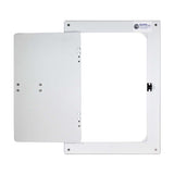 A white metal access door is partially open against a white background.