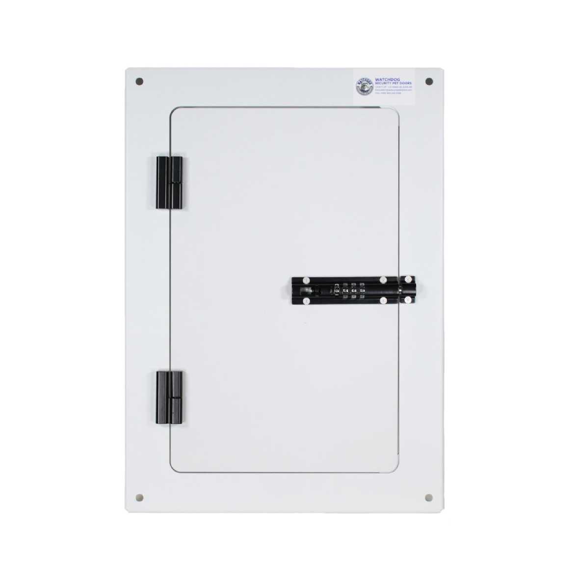 A white, rectangular metal door with black hinges and a combination lock, labeled "WATCHDOG SECURITY PET DOORS".