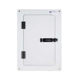 A white, rectangular metal door with black hinges and a combination lock, labeled "WATCHDOG SECURITY PET DOORS".