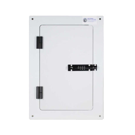 A white, rectangular metal door with black hinges and a combination lock, labeled "WATCHDOG SECURITY PET DOORS".