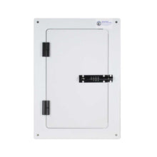 A white, rectangular metal door with black hinges and a combination lock, labeled 