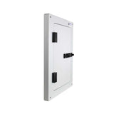 A white electrical panel with a hinged door and a black latch is shown from a side angle.