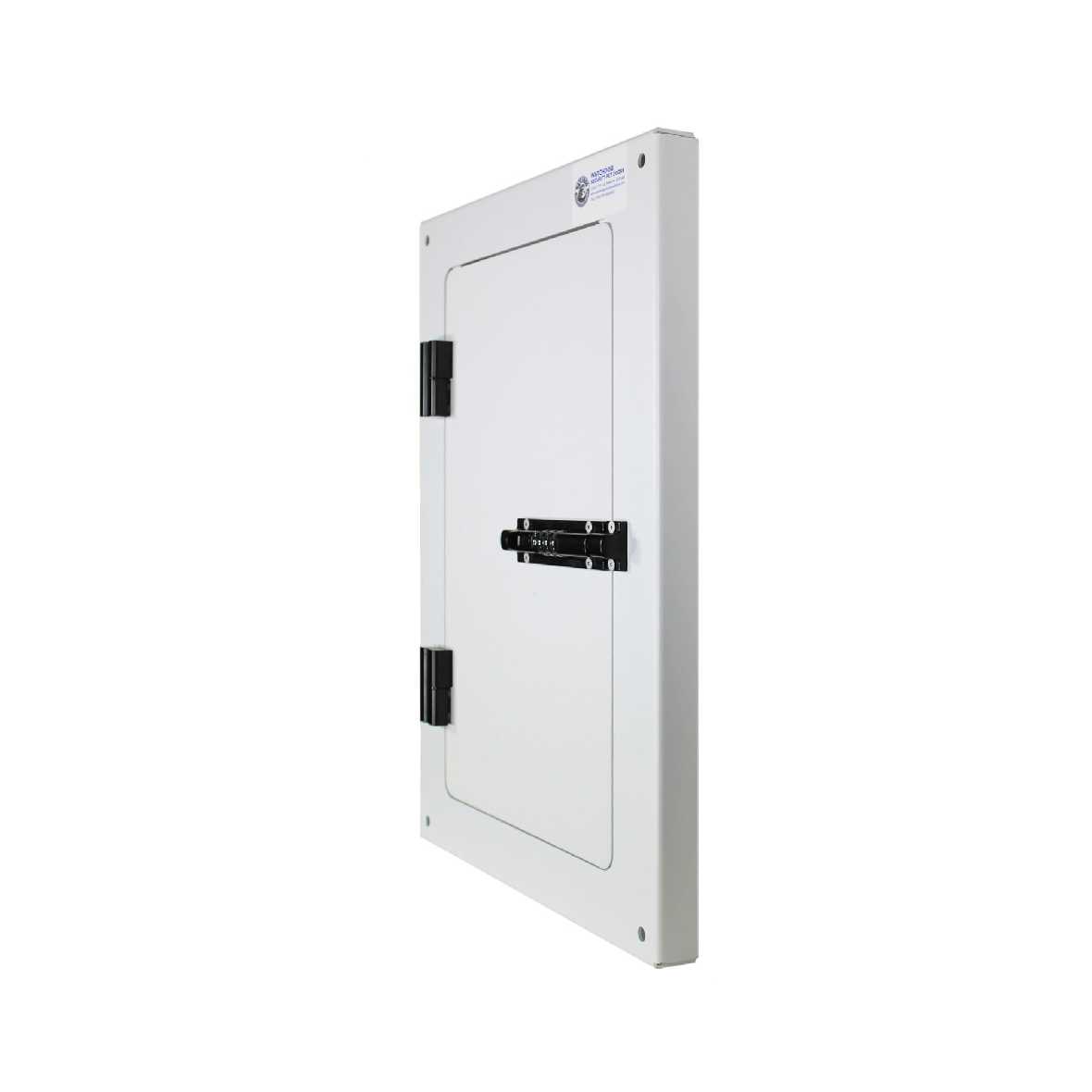 A white, wall-mounted electrical panel with a hinged door and black latch.