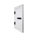 A white, wall-mounted electrical panel with a hinged door and black latch.