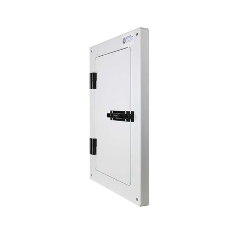 A white, wall-mounted electrical panel with a hinged door and black latch.