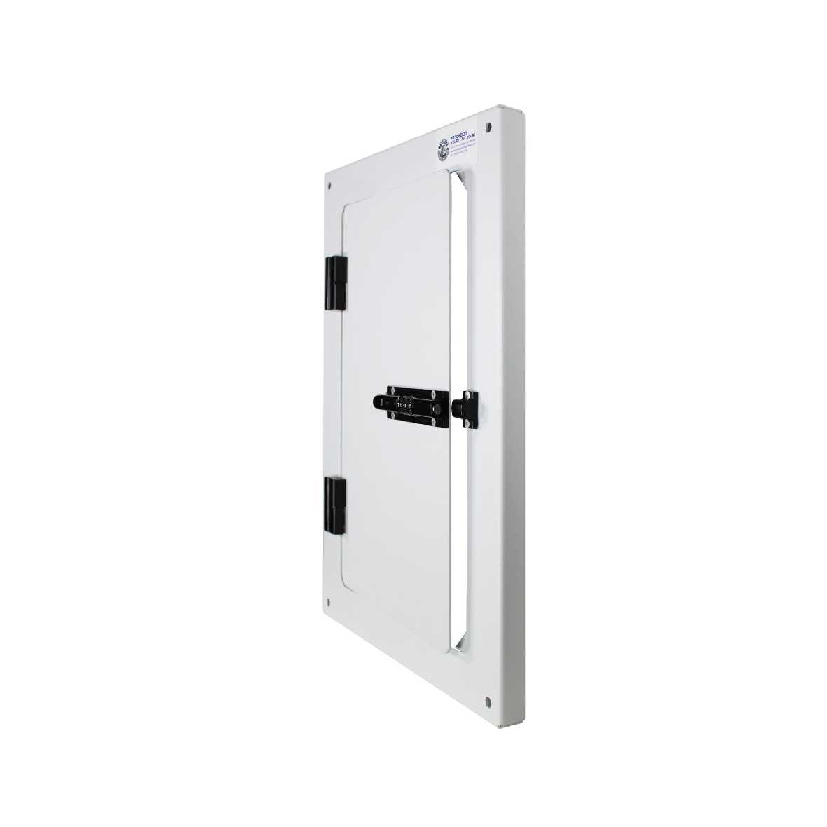 White access panel with black hinges and latch, set against a white background.