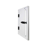 White access panel with black hinges and latch, set against a white background.