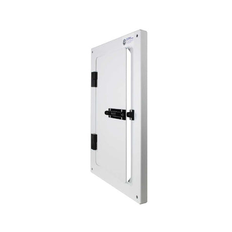White access panel with black hinges and latch, set against a white background.