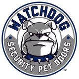A logo featuring an angry-looking bulldog head within a circle that reads "WATCHDOG SECURITY PET DOORS."