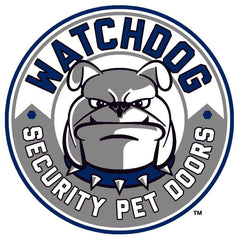 A logo featuring an angry-looking bulldog head within a circle that reads "WATCHDOG SECURITY PET DOORS."