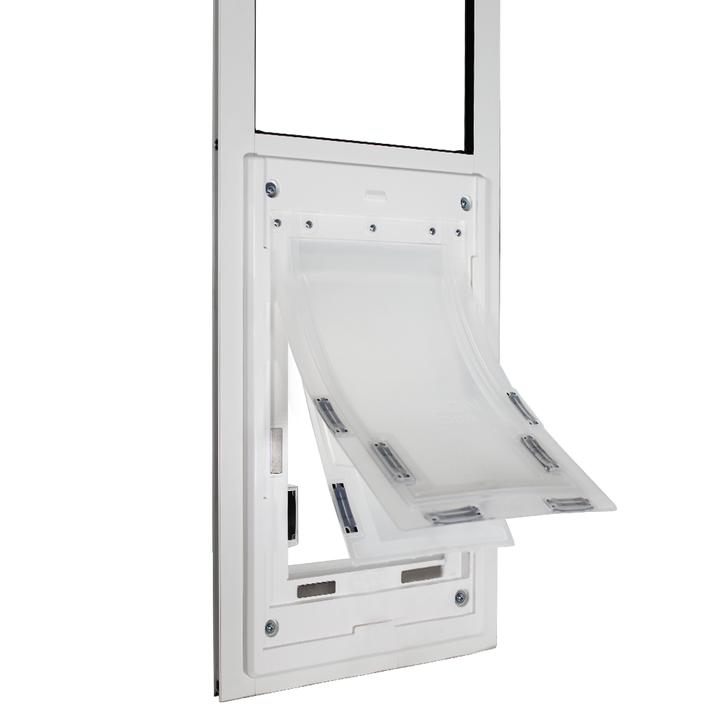 White Dragon Double Flap Pet Door for Windows from the back, with the locking cover in place.