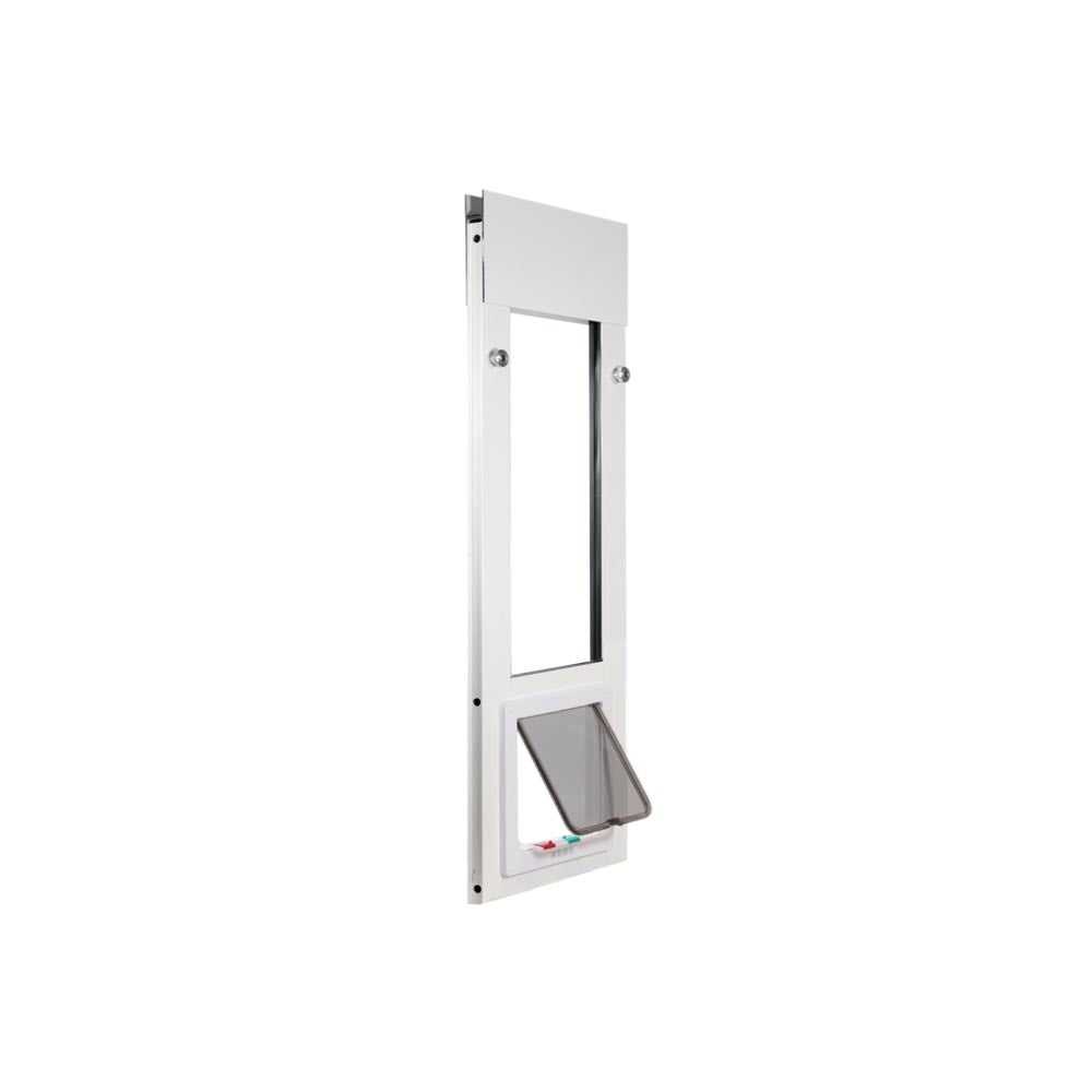 A white, sliding glass door pet door insert with a hinged gray flap.