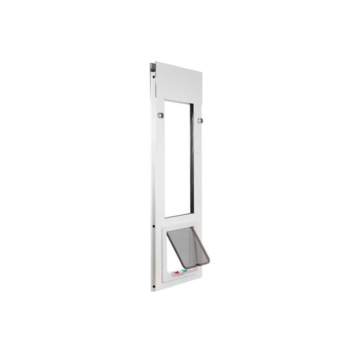 A white, sliding glass door pet door insert with a hinged gray flap.