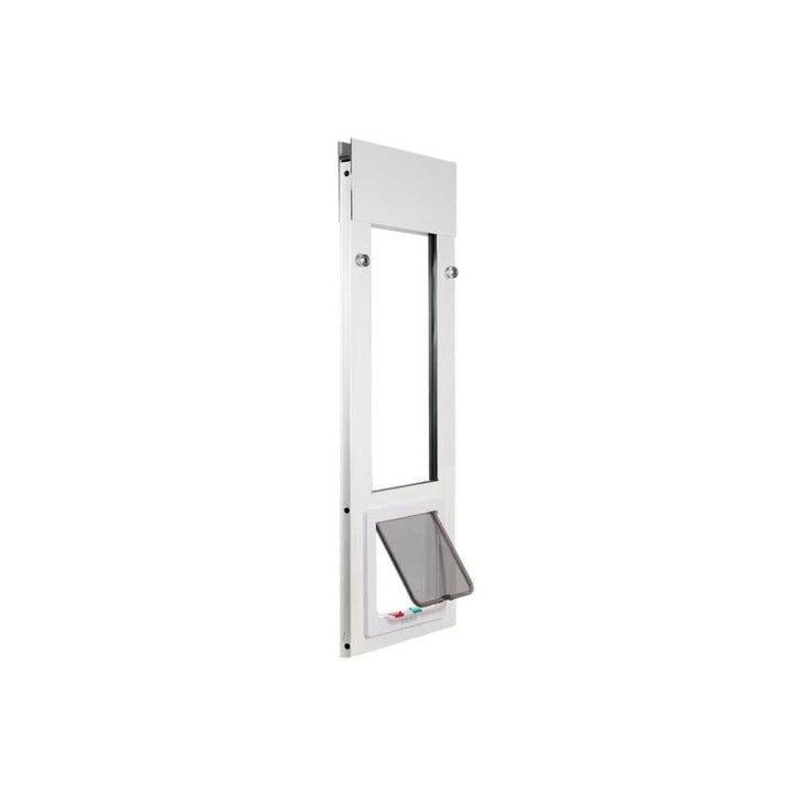 A white, sliding glass door pet door insert with a hinged gray flap.